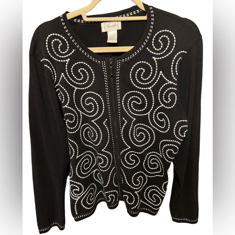Foxcroft Black Zip up embroidered jacket Large sweater